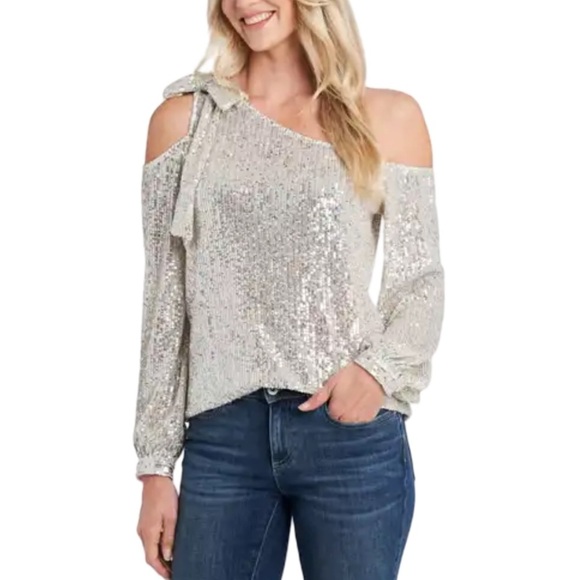 CeCe Long Sleeve Silver Champaign Bow Detail Sequin Cold Shoulder Top NWT Size S - Picture 1 of 11